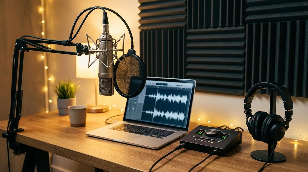 Microfone, notebook e fones de ouvido sobre uma mesa de gravação